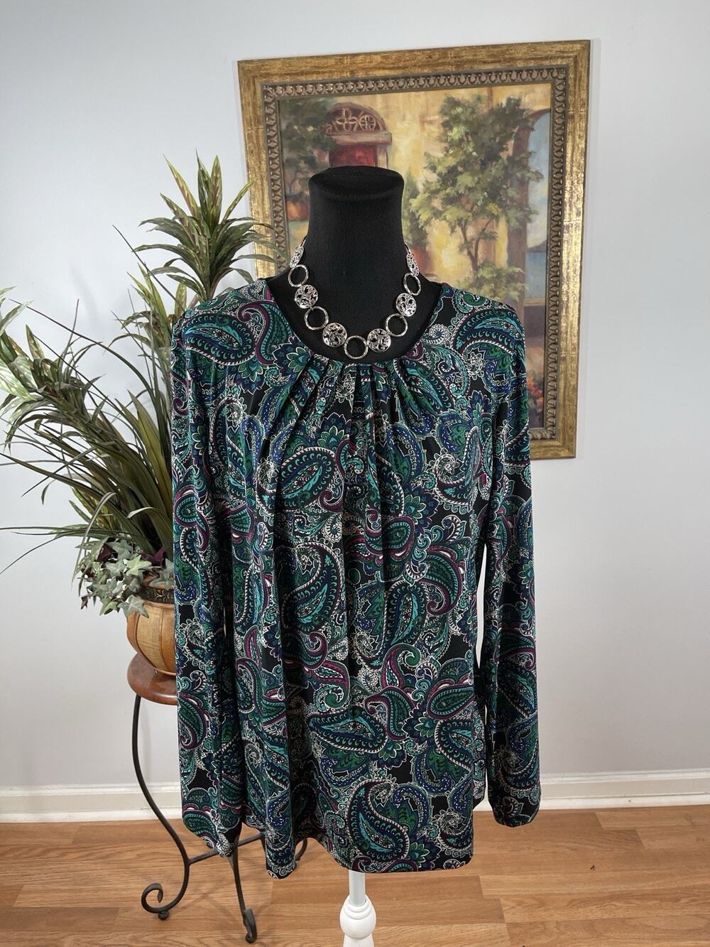 Liz Claiborne Career Large Paisley Print Blouse Stretch Long Sleeve Top Boho